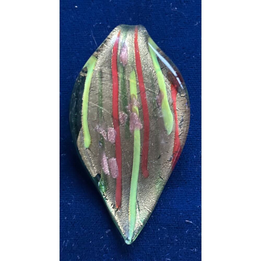 Vintage Glass Custom Made Pendant Necklace Leaf Green Multi Irridescent 2 3/4"